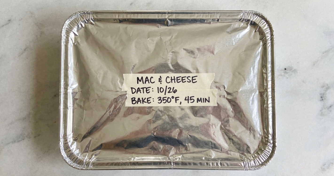 A foil casserole pan wrapped tightly in foil with a clear handwritten label showing the casserole name, date, and baking time