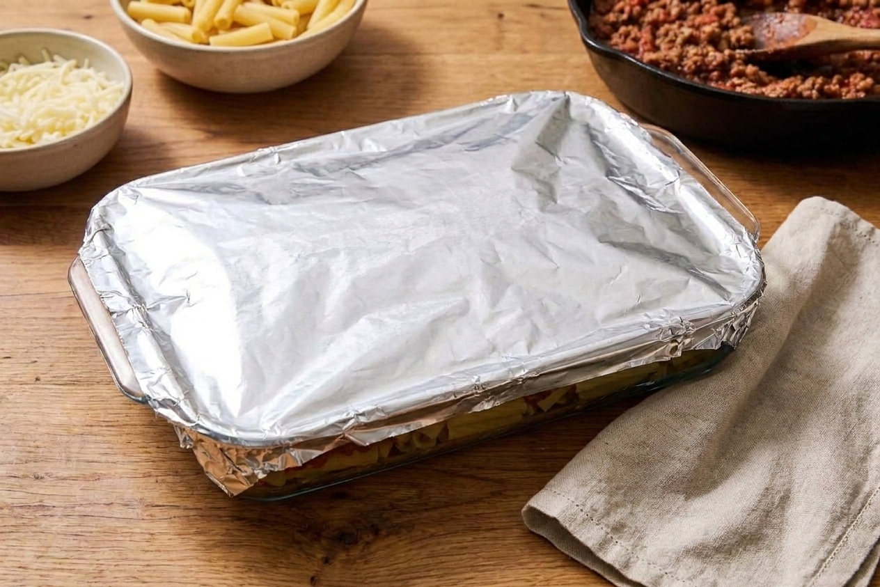A foil-covered casserole dish of assembled baked ziti sitting on a kitchen counter ready for the oven