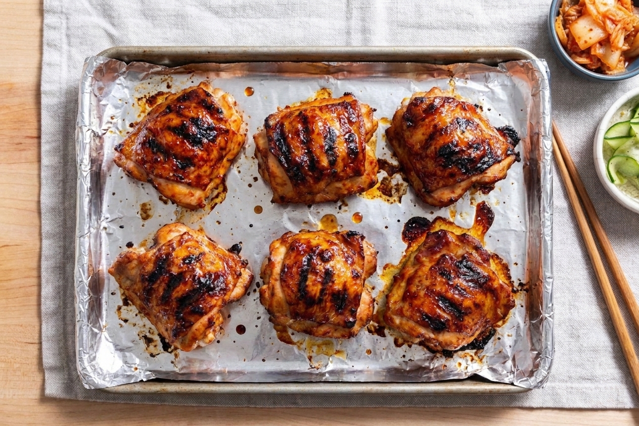 A foil-lined sheet pan holding roasted Korean BBQ chicken thighs with glossy reddish-brown caramelization