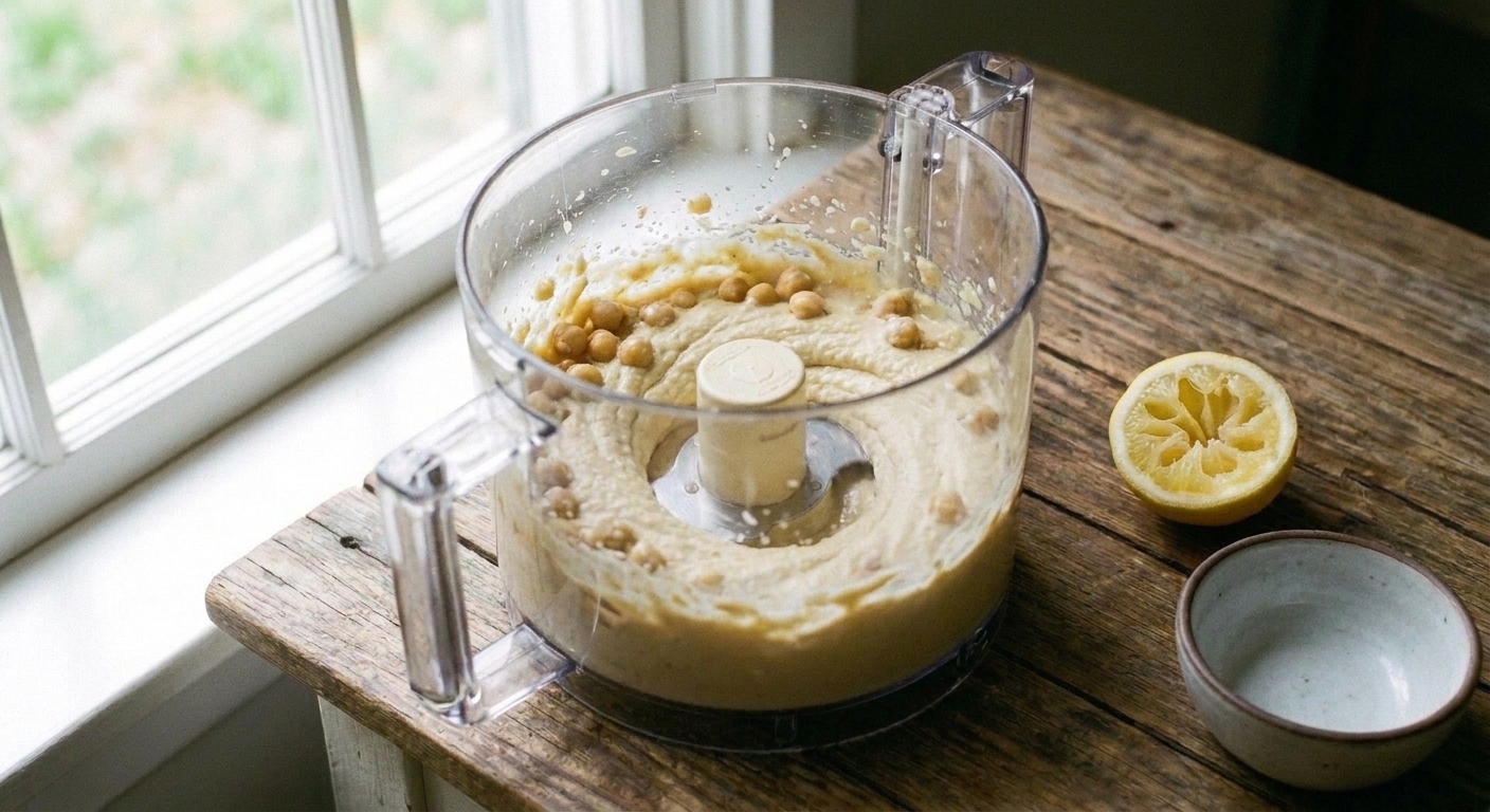 A food processor blending chickpeas into thick hummus as the mixture turns smooth and creamy