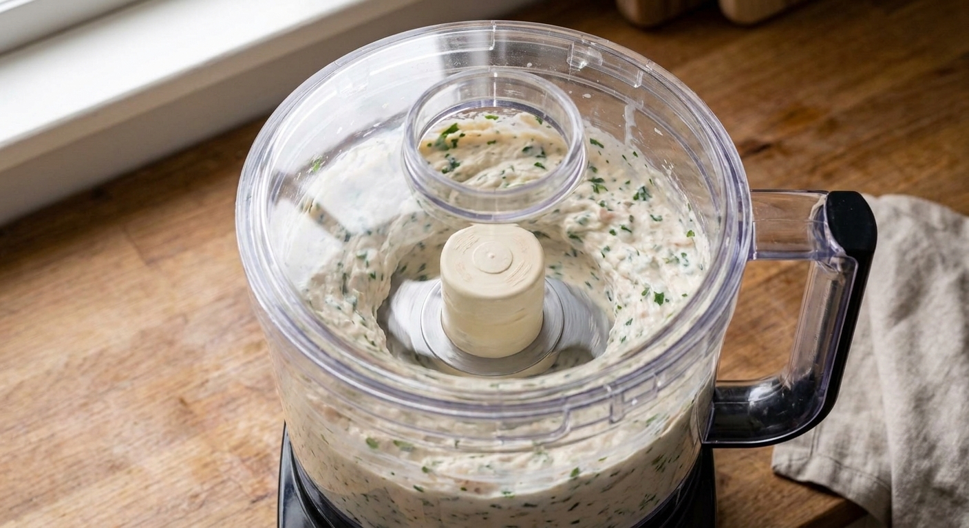 A food processor bowl filled with creamy chicken herb spread being pulsed, with green herb flecks visible through the lid