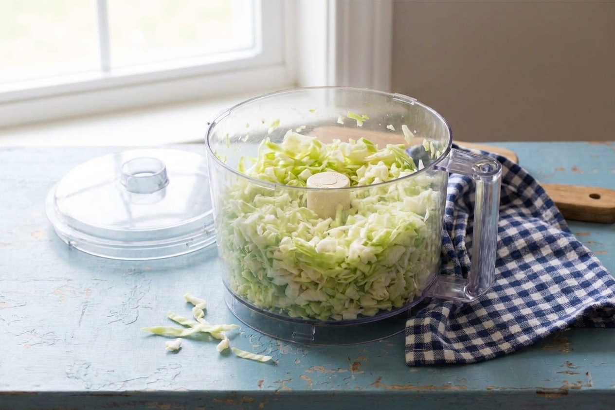 A food processor bowl filled with finely chopped cabbage pieces, with the lid off on a clean kitchen counter