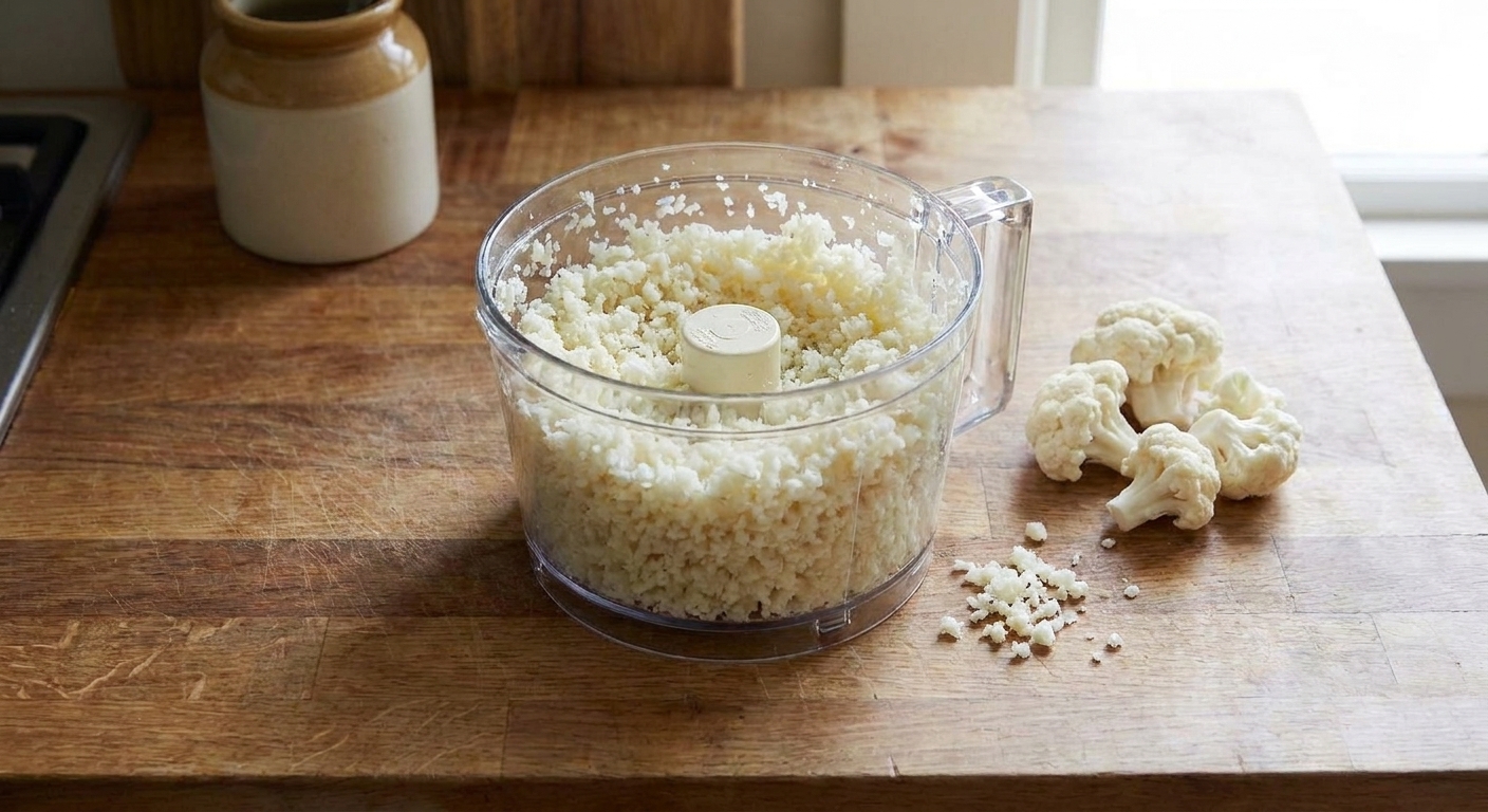 A food processor bowl filled with freshly riced cauliflower on a kitchen counter with cauliflower florets nearby