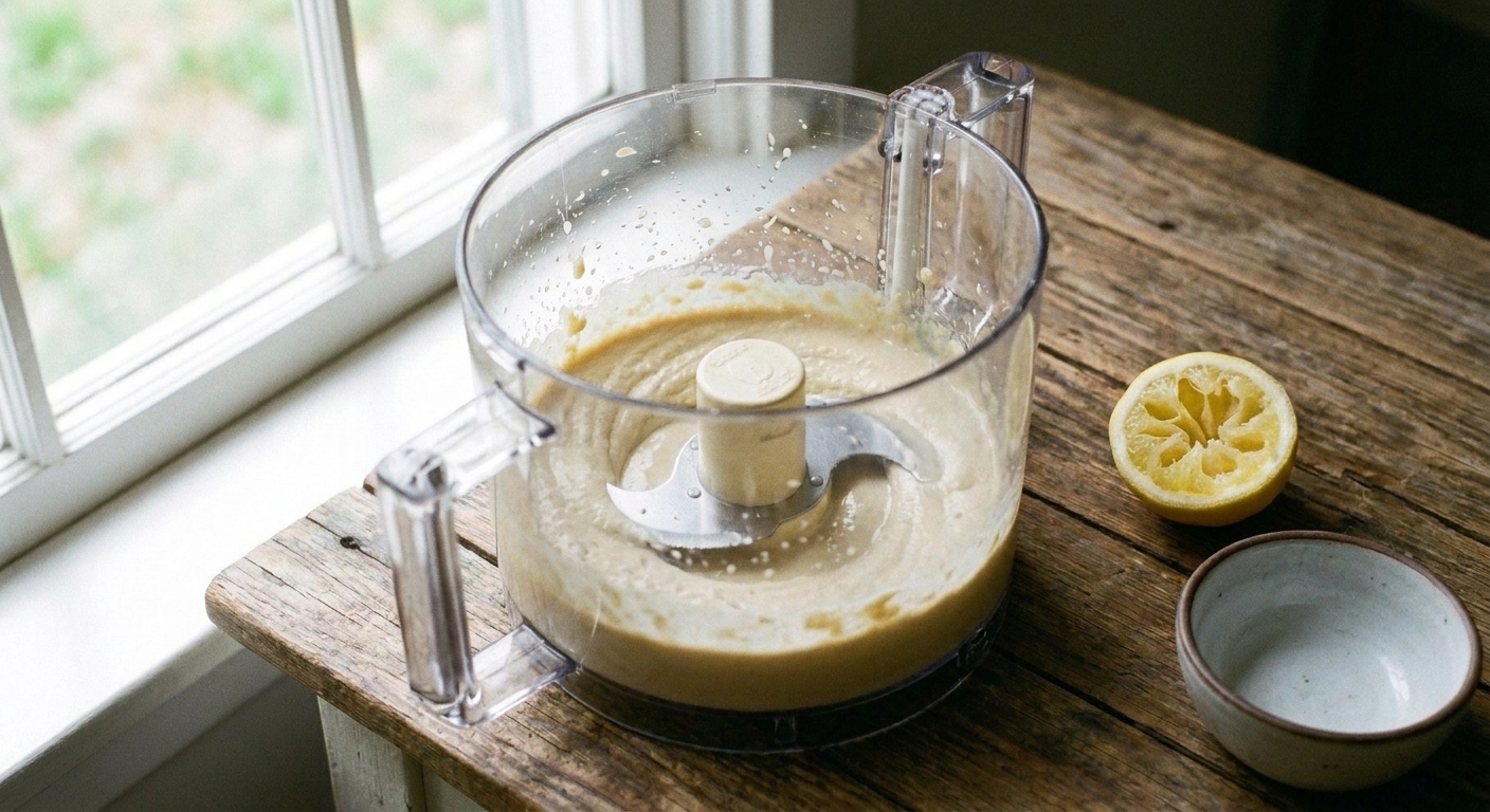A food processor bowl with tahini and lemon juice being blended into a pale, creamy mixture