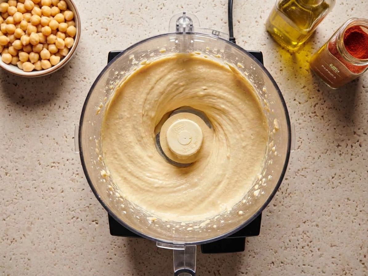 A food processor mid-blend with pale creamy hummus swirling inside the bowl on a clean kitchen counter