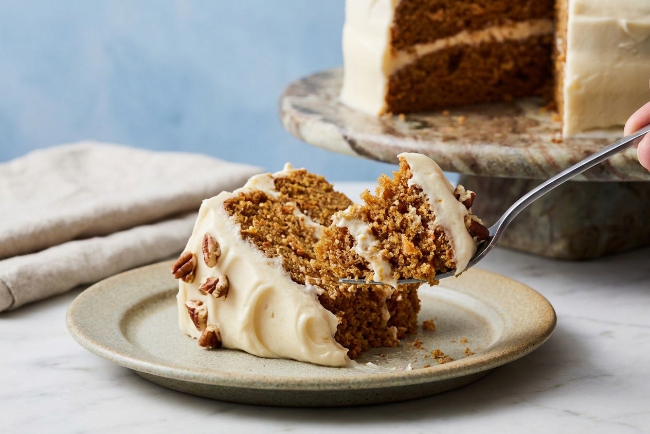 A fork lifting a bite of moist sweet potato cake with cream cheese frosting, showing a tender crumb