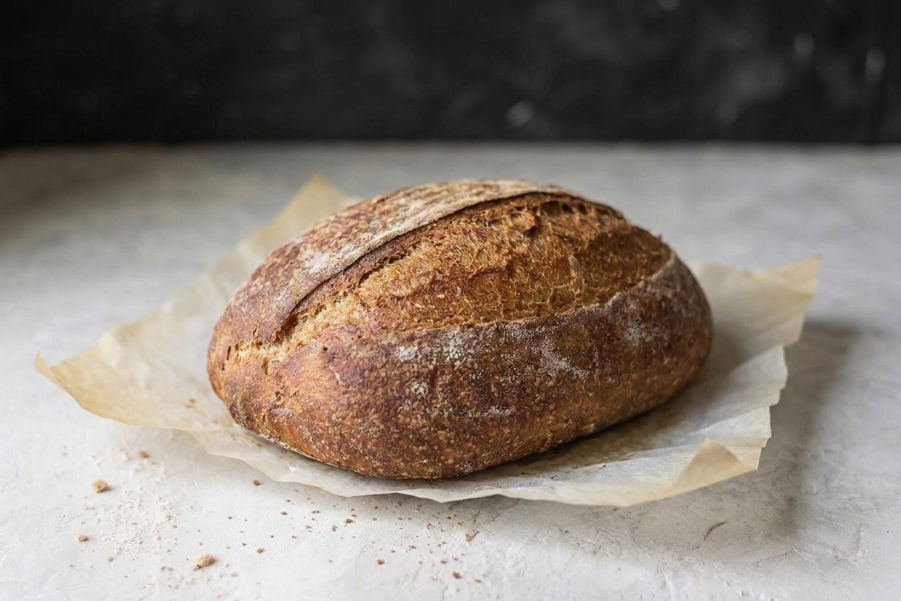 A freeform oval wheat loaf on parchment paper with a browned crust and a simple score on top