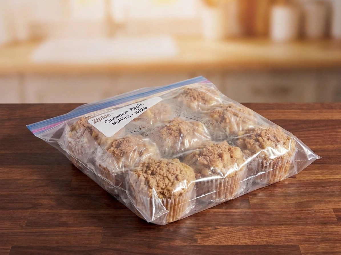 A freezer bag holding individually wrapped cinnamon apple muffins on a kitchen counter, ready for freezing