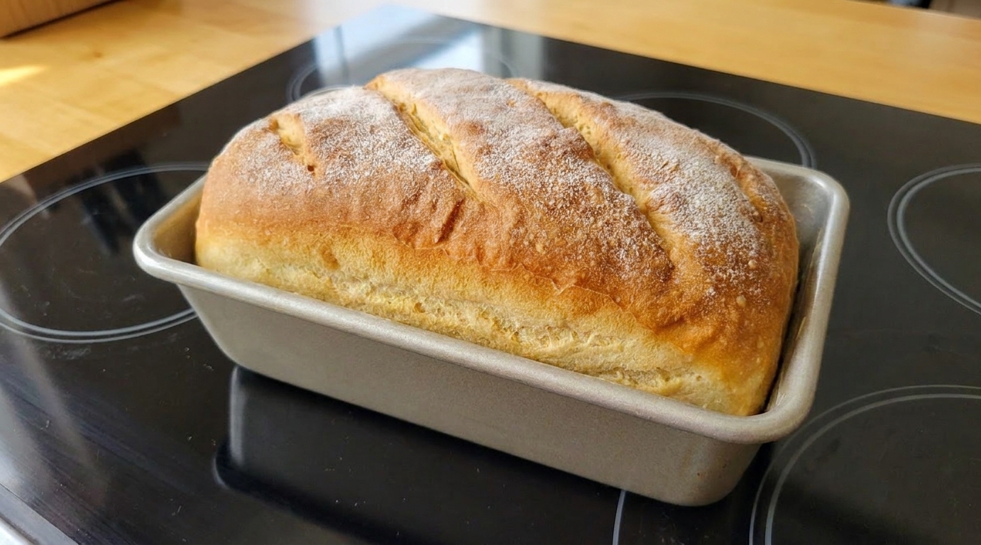 A freshly baked golden loaf of bread sitting in a loaf pan on a stovetop