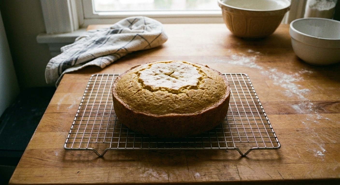 A freshly baked round cake cooling on a wire rack on a kitchen counter