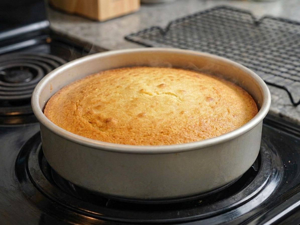 A freshly baked round cake with a tall domed center sitting in its pan on a stovetop