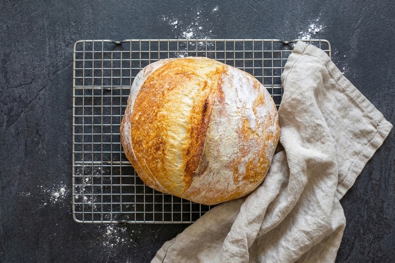 A freshly baked rustic loaf cooling on a wire rack with a linen towel nearby