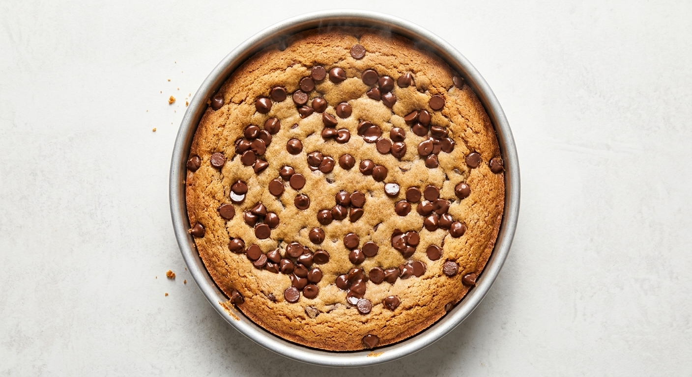 A freshly baked spiced chocolate chip cookie cake in a round pan with golden edges and melted chocolate chips on top