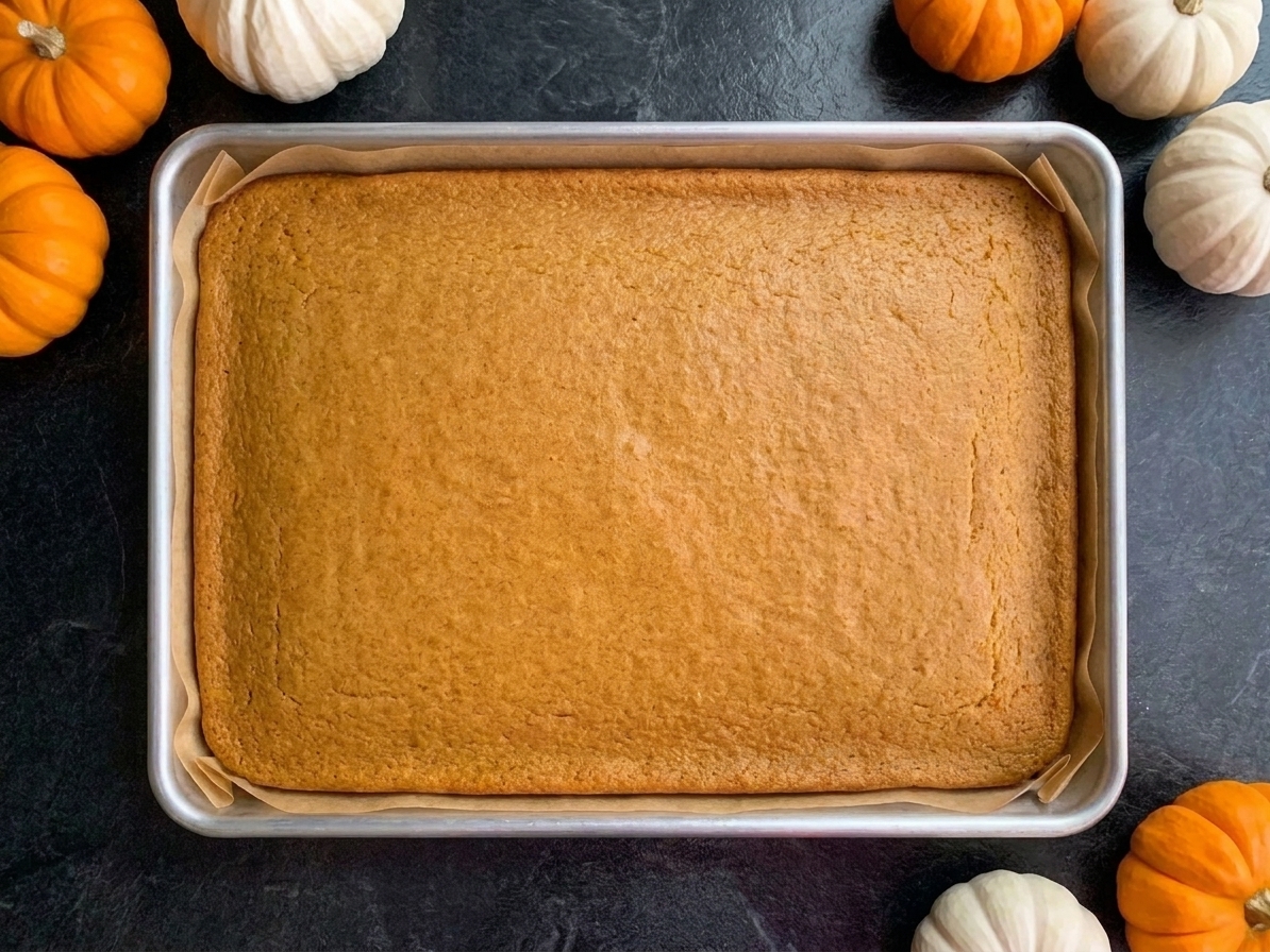 A freshly baked thin pumpkin sheet cake in a jelly roll pan, surface set and lightly browned at the edges