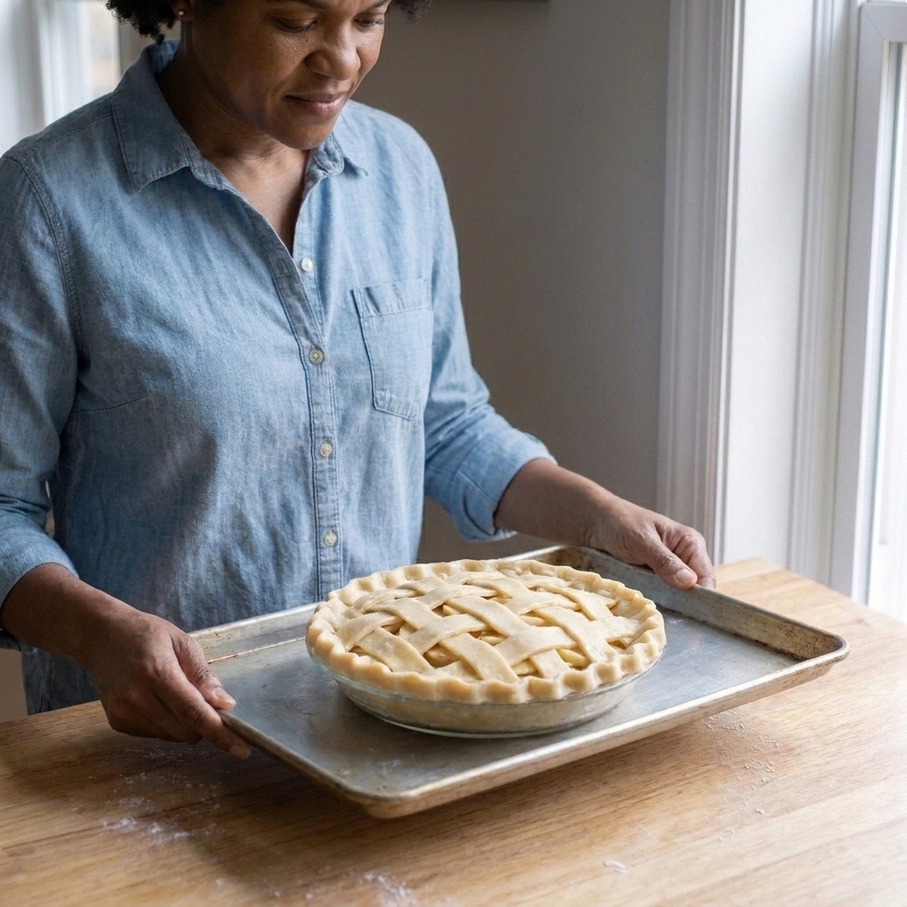 A full unbaked pie in a pie dish sitting on a rimmed baking sheet, ready to slide into the oven