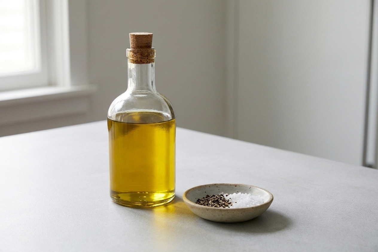 A glass bottle of olive oil on a kitchen counter next to a small dish of salt and pepper