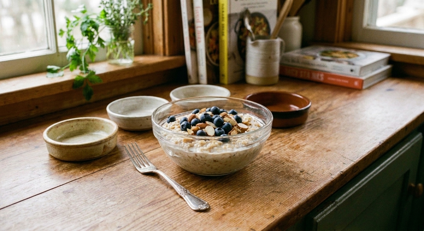 A glass bowl of creamy oatmeal topped with blueberries and sliced almonds on a bright breakfast table