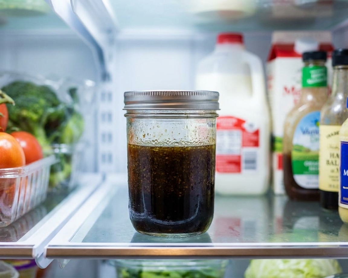 A glass jar of balsamic vinaigrette with a lid sitting on a refrigerator shelf