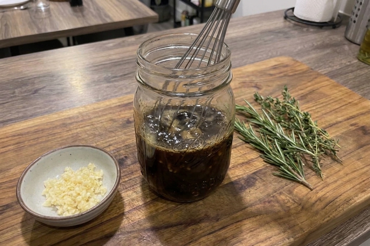 A glass jar of dark steak marinade being whisked on a wooden cutting board with garlic and herbs nearby