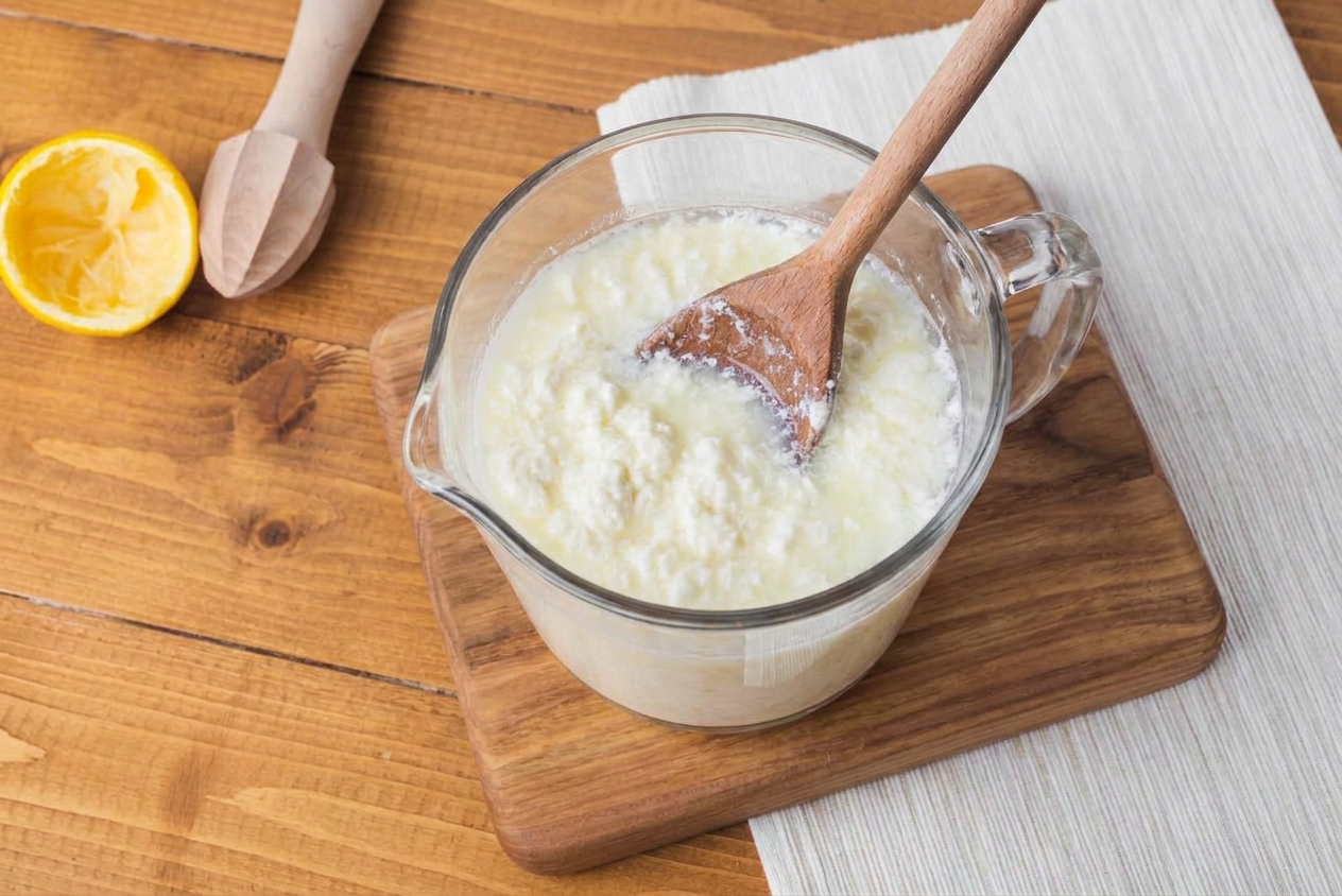 A glass measuring cup filled with milk and vinegar resting on a wooden cutting board, slightly curdled and thickened after a few minutes