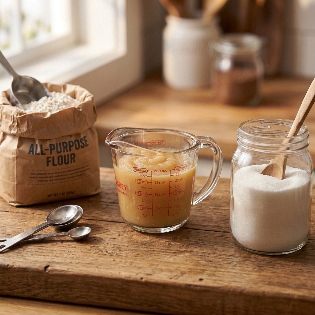 A glass measuring cup filled with unsweetened applesauce on a baking station with flour and sugar nearby