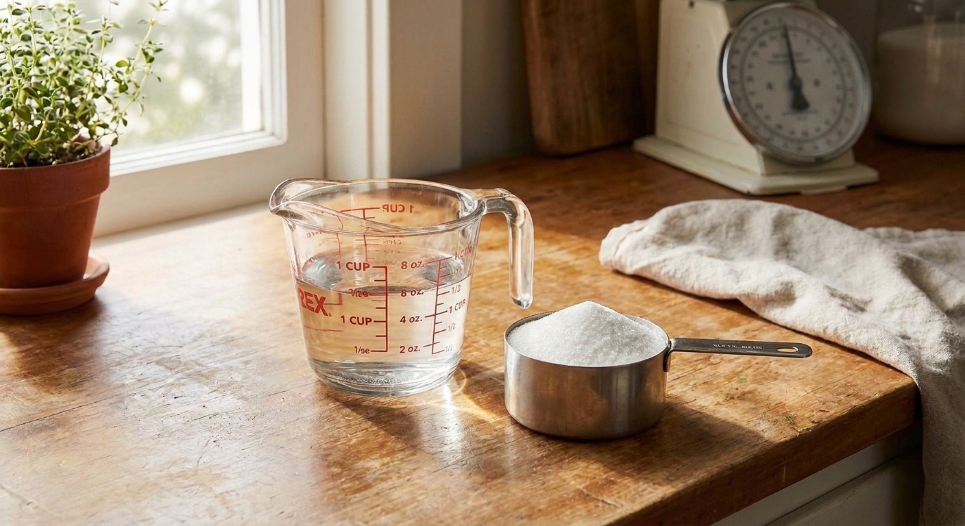 A glass measuring cup of water next to a metal measuring cup filled with white sugar on a kitchen counter