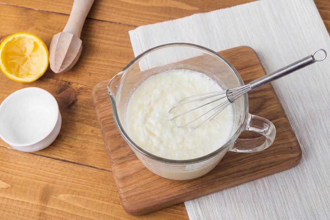 A glass measuring cup on a kitchen counter with milk and lemon juice being stirred together to make a quick buttermilk substitute