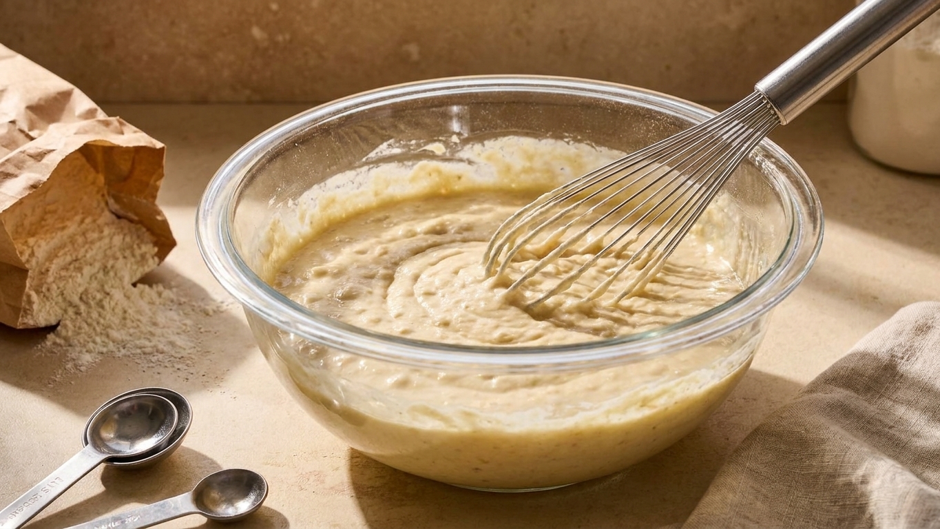 A glass mixing bowl of pancake batter being gently whisked on a kitchen counter with flour and measuring spoons nearby