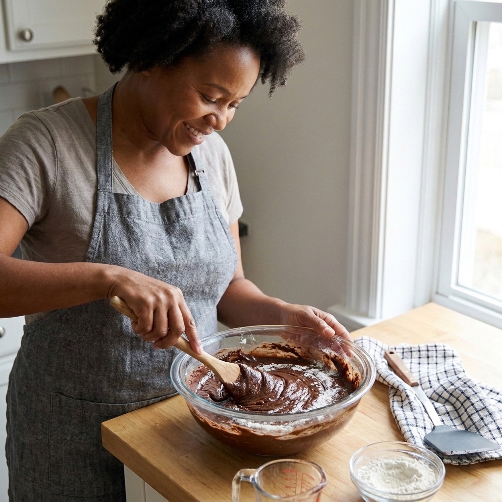 A glass mixing bowl of thick chocolate brownie batter being folded with a spatula on a kitchen counter, with flour just incorporated