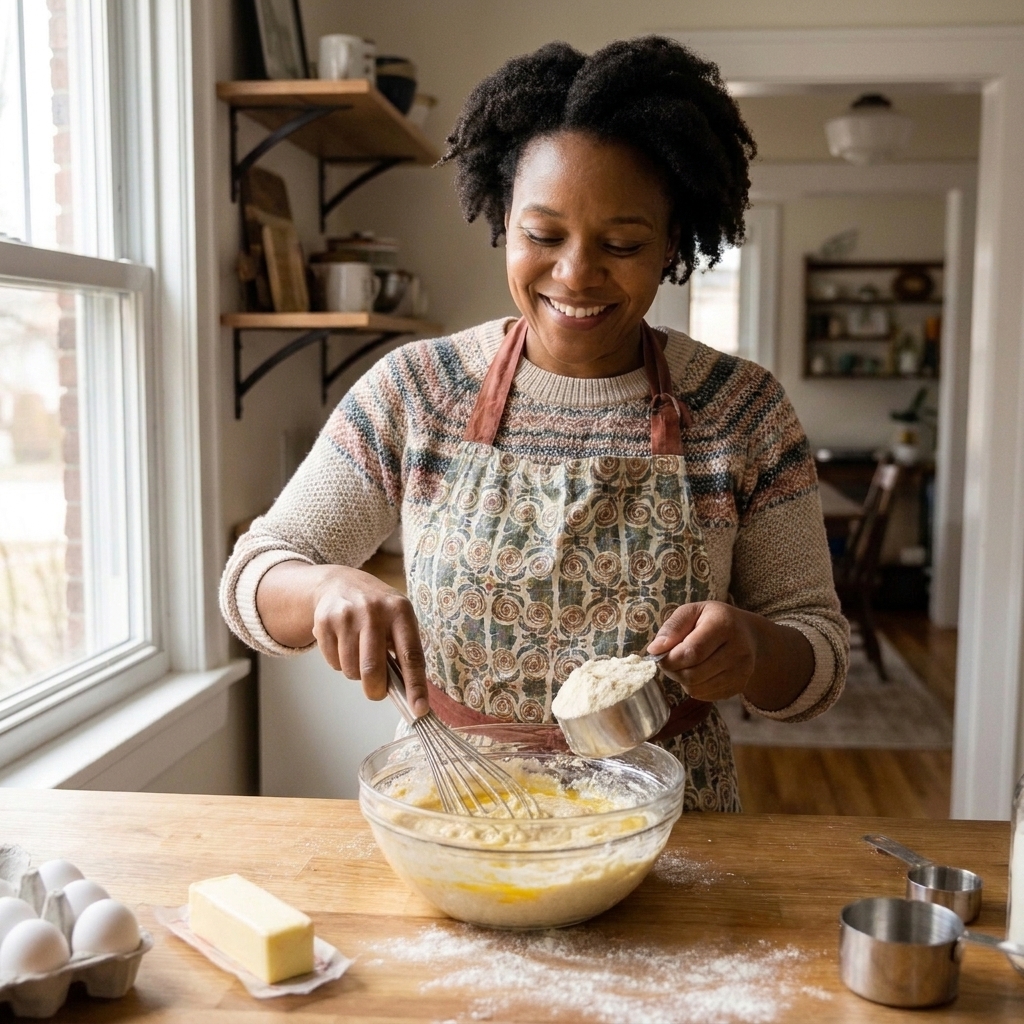 A glass mixing bowl with coconut flour being whisked into a wet batter with eggs on a wooden countertop