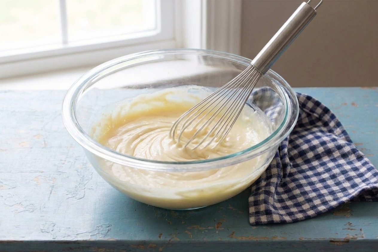 A glass mixing bowl with creamy coleslaw dressing being whisked until smooth on a light-colored kitchen counter