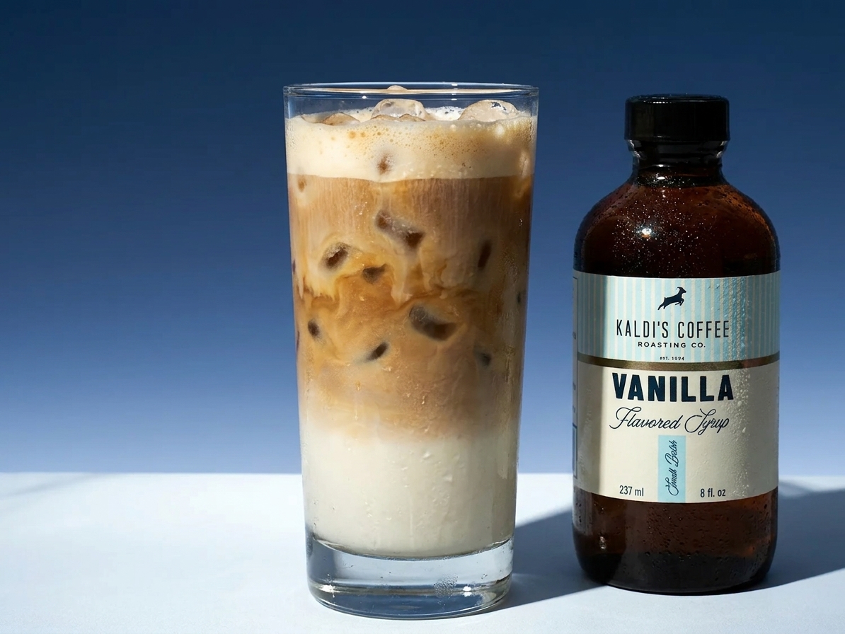 A glass of iced latte on a table with a small bottle of vanilla syrup beside it and ice cubes visible in the drink