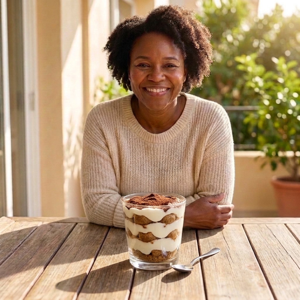 A glass parfait with layers of coffee-soaked cookies and creamy yogurt, topped with cocoa powder