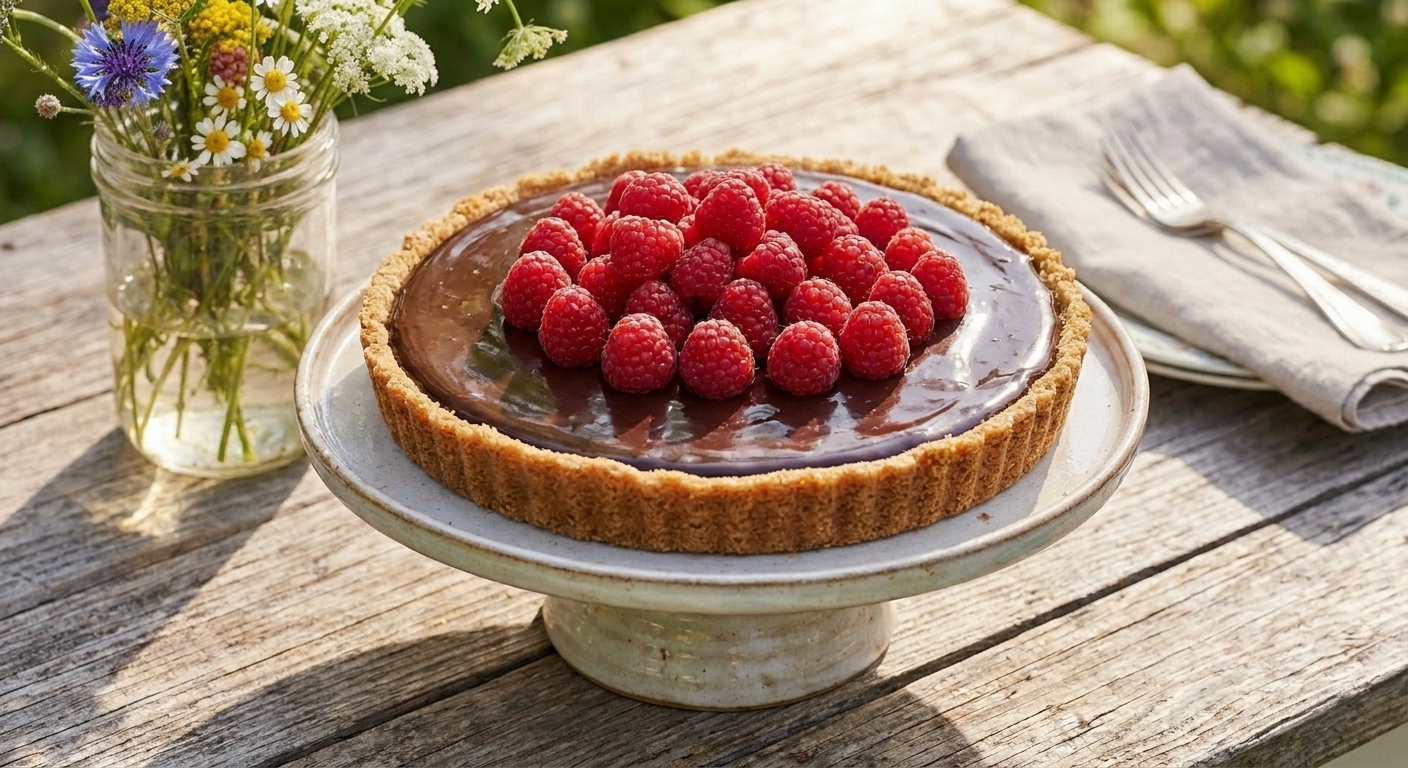 A glossy no-bake chocolate tart topped with fresh raspberries on a serving stand