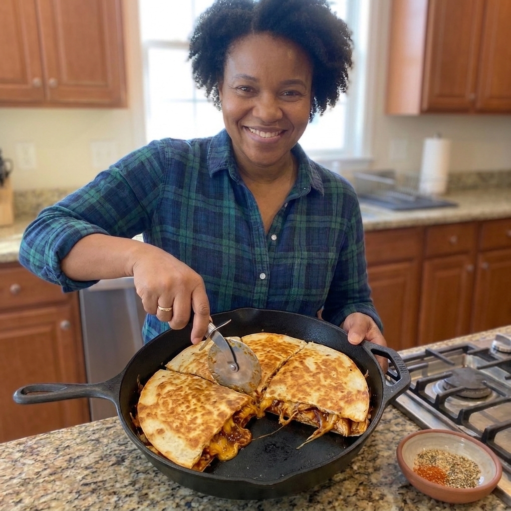 A golden-brown quesadilla in a skillet being cut into wedges, with BBQ chicken and melted cheddar visible