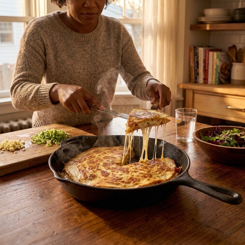 A golden, crispy quesadilla in a skillet being sliced into wedges with melted cheese stretching