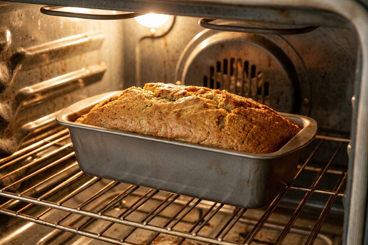 A golden loaf of zucchini bread baking in a metal loaf pan in the oven