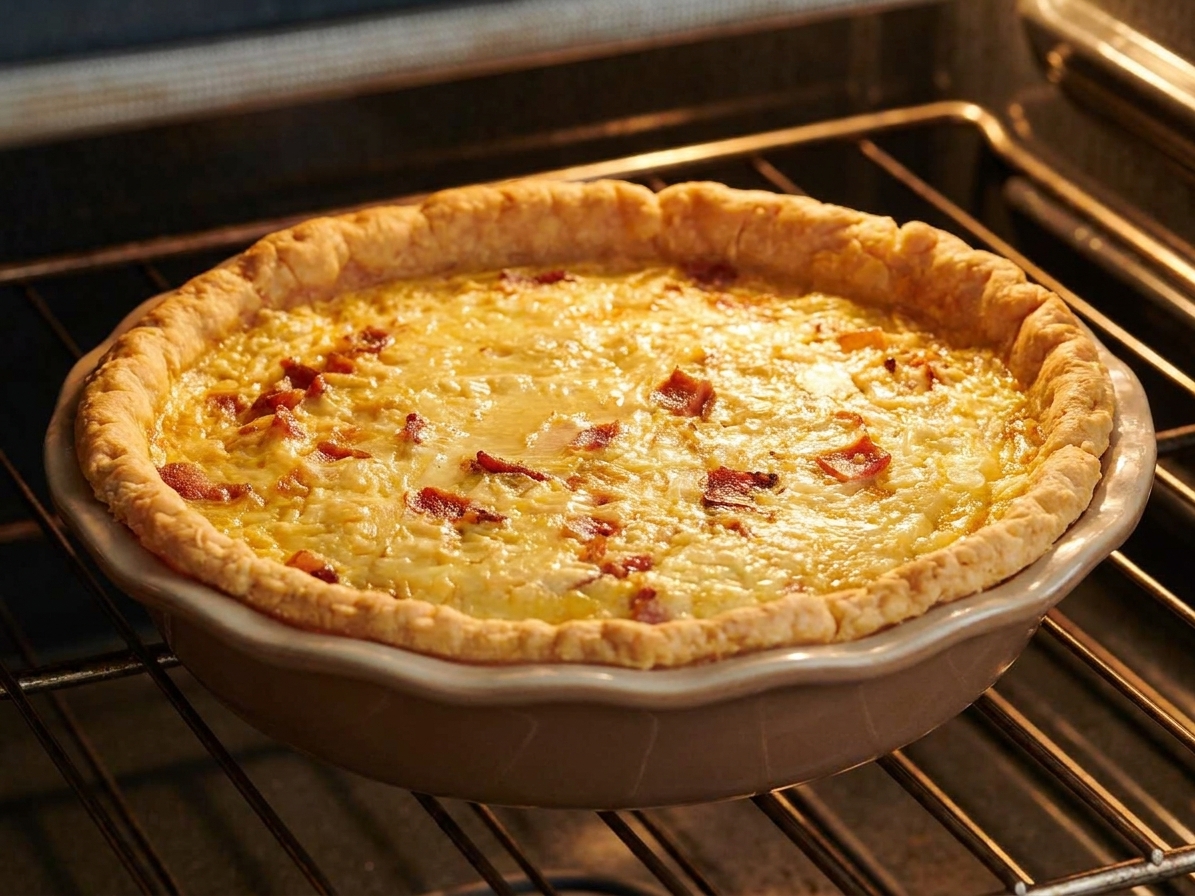 A golden quiche baking in a ceramic pie dish on an oven rack, edges lightly puffed and center just barely set