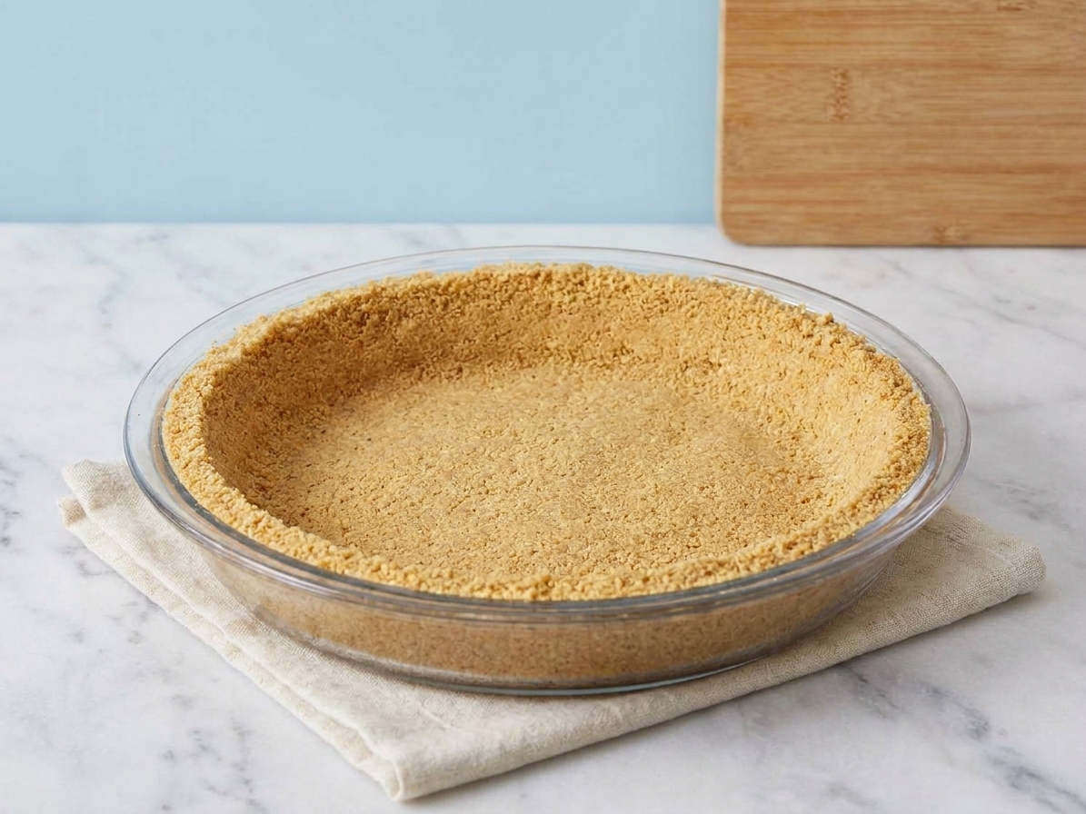 A graham cracker crumb mixture pressed firmly into a pie dish, forming an even crust with compacted edges