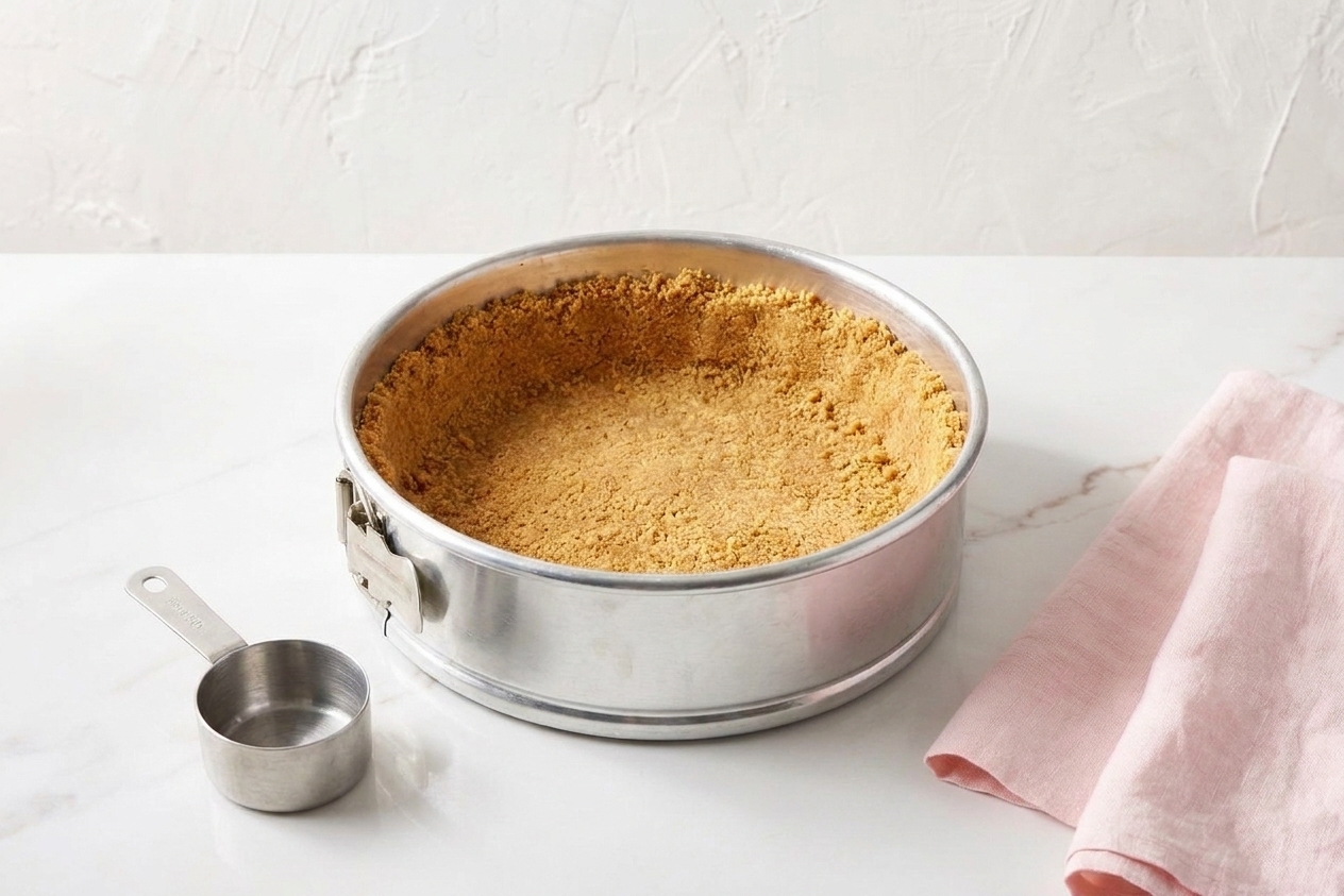 A graham cracker crust firmly pressed into a springform pan on a countertop, with a measuring cup nearby