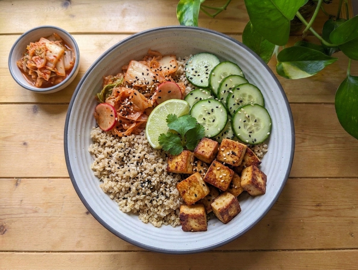 A grain bowl with pan-seared tofu, kimchi, sliced cucumbers, and sesame seeds
