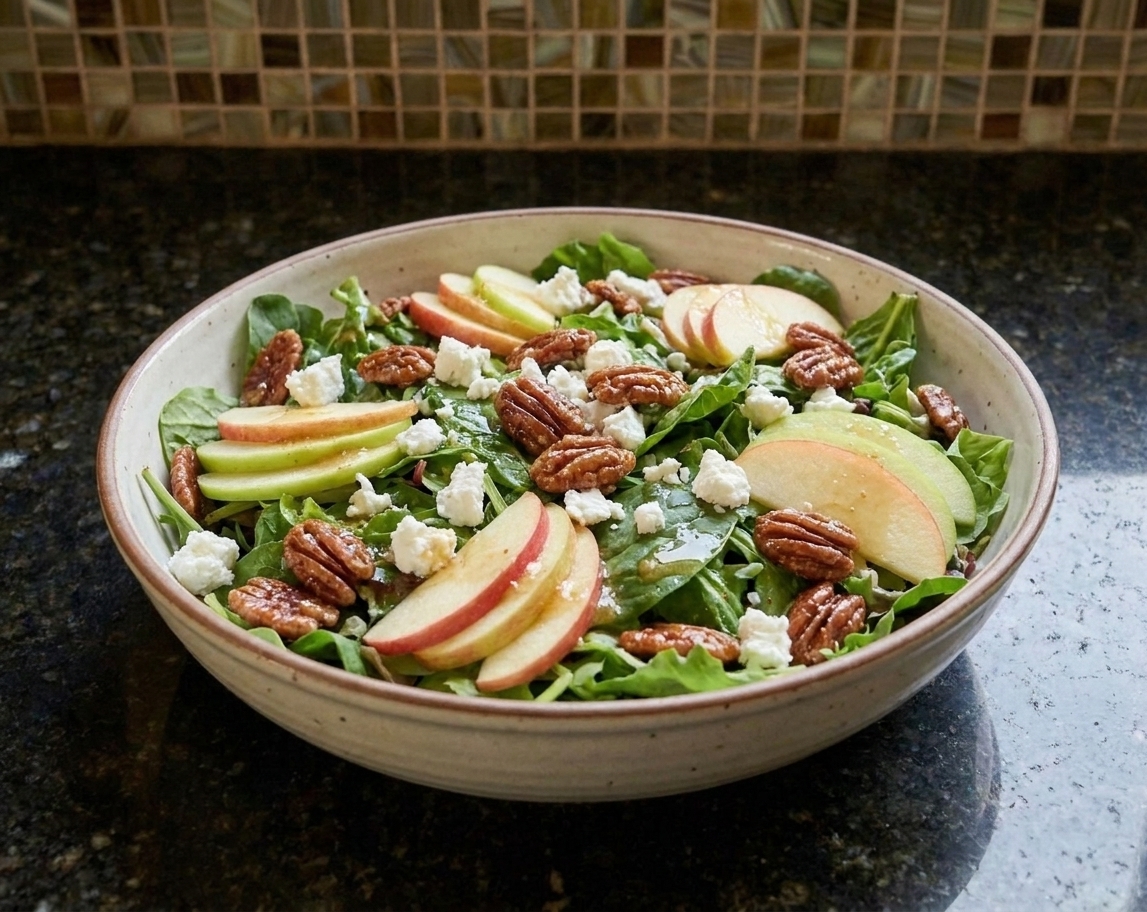 A green salad in a wide bowl topped with crumbled goat cheese, sliced apples, and praline pecans