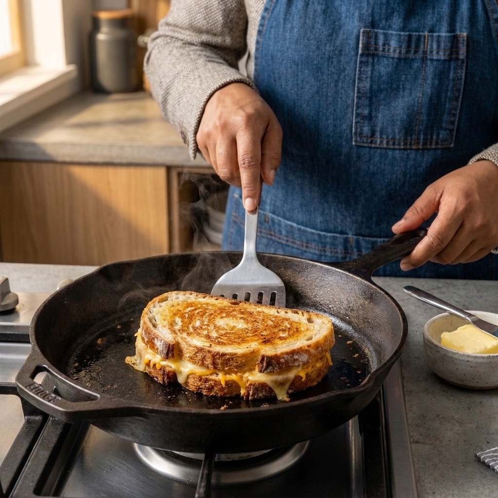 A grilled cheese sandwich browning in a cast iron skillet with a spatula nearby
