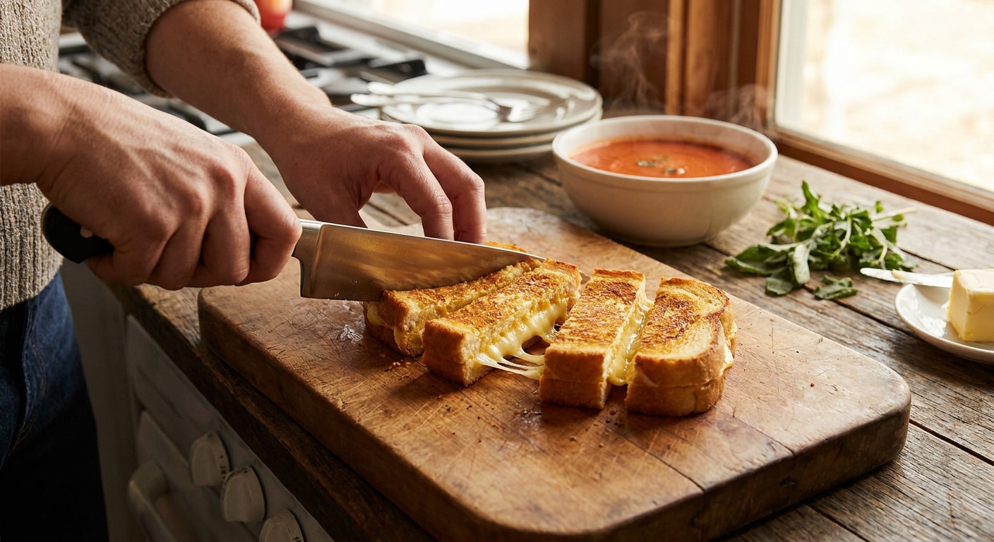 A grilled cheese sandwich on a cutting board being sliced into thick dunkable sticks with melted cheese inside