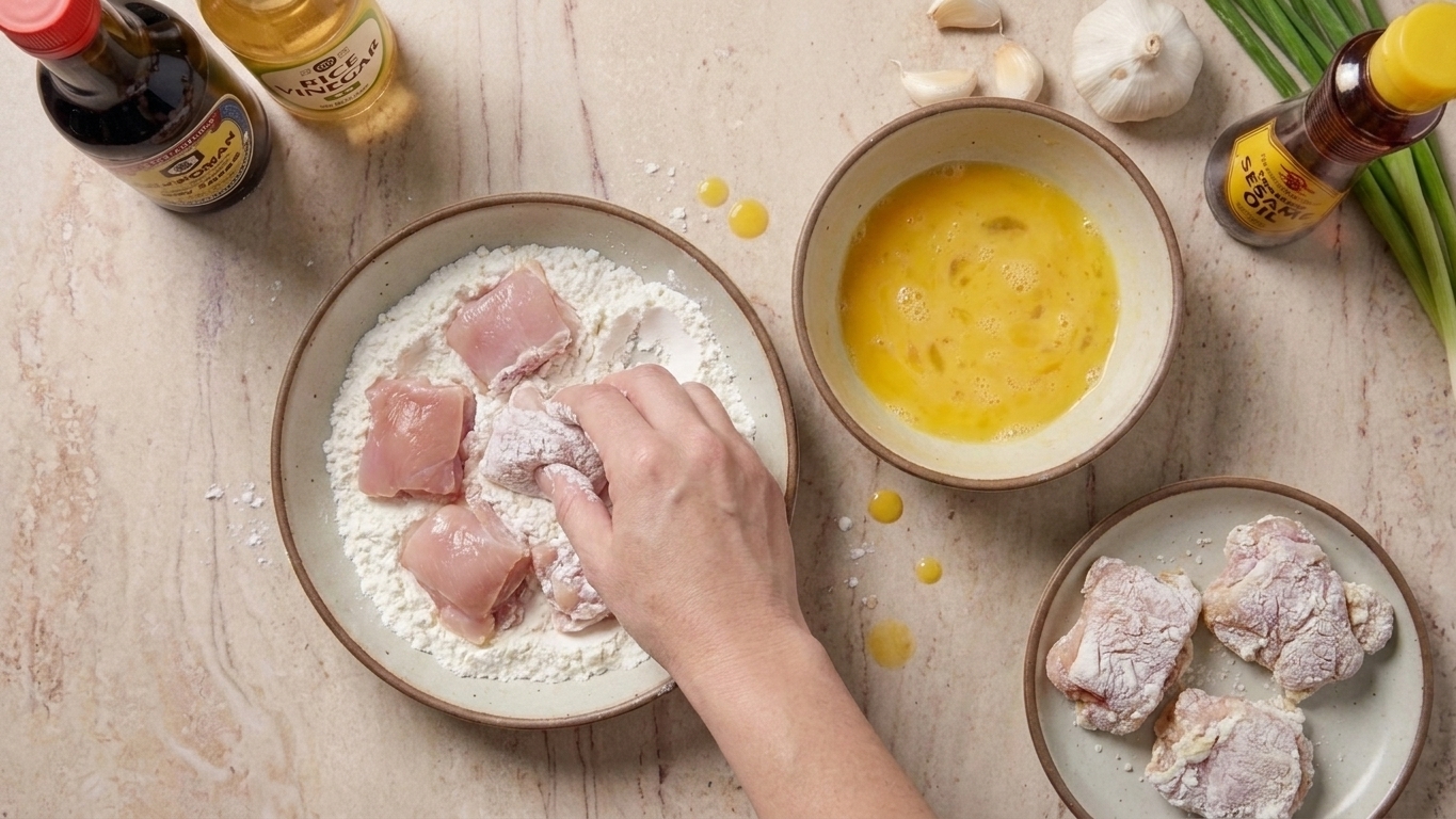 A hand coating chicken pieces in a bowl of cornstarch mixture next to a bowl of beaten eggs on a kitchen counter