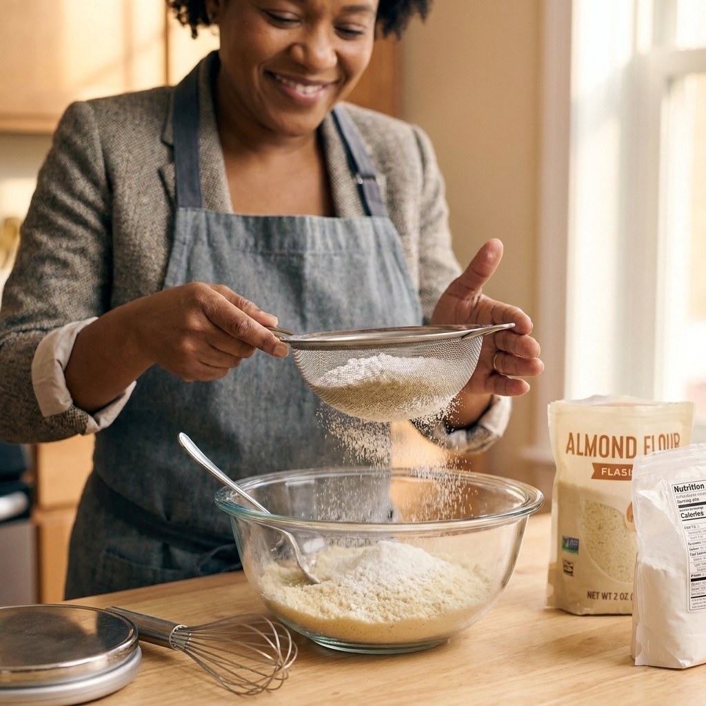 A hand holding a fine mesh sieve over a bowl while almond flour and powdered sugar are being sifted on a kitchen counter