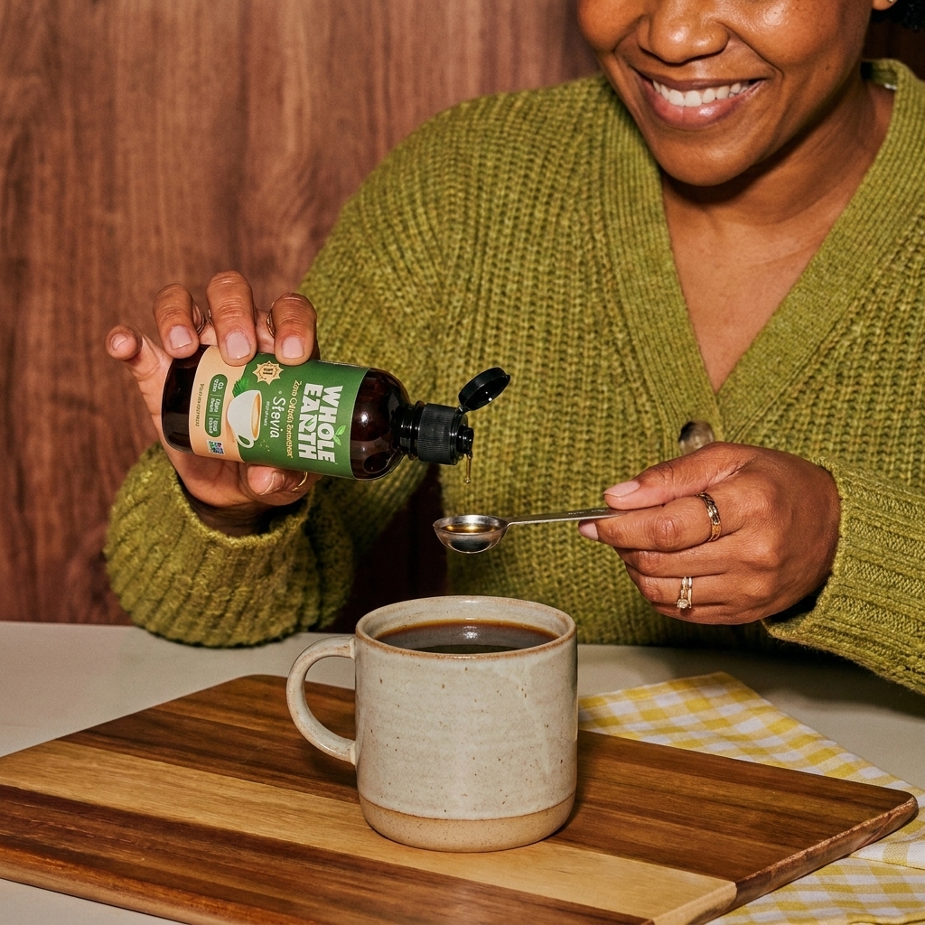 A hand holding a small measuring spoon while adding liquid stevia drops over a mug on a kitchen counter