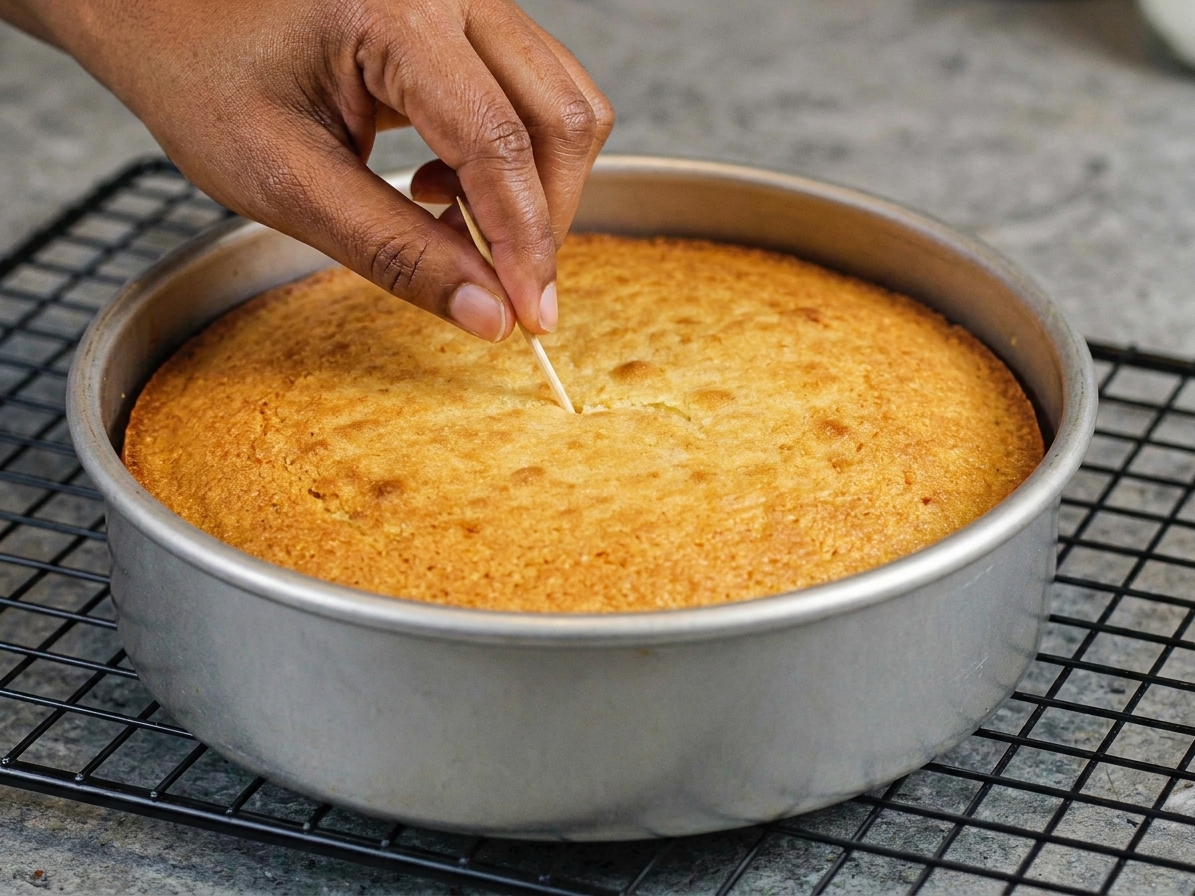 A hand inserting a wooden toothpick into the center of a golden cake in a round pan, checking for doneness