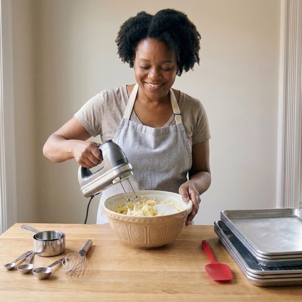 A hand mixer beating butter and sugar in a large mixing bowl