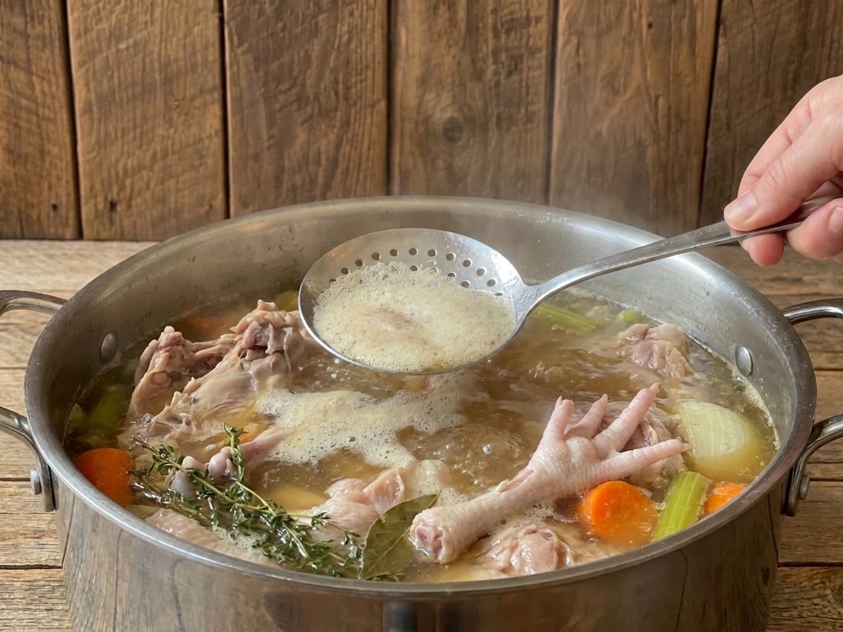 A hand skimming pale foam from the surface of simmering chicken bones in a large pot on a stovetop